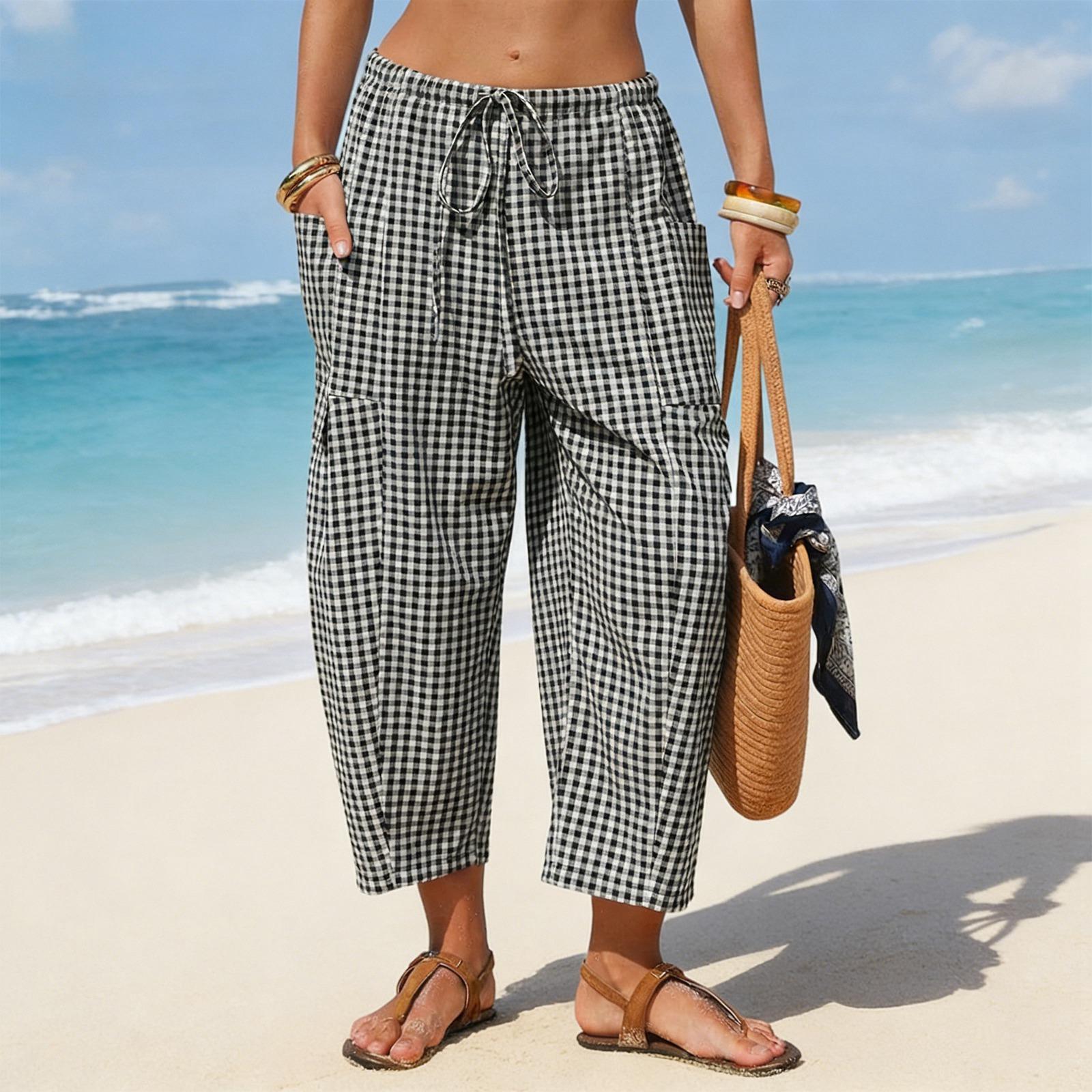 Women s Stylish Casual Striped Checked Pants XS