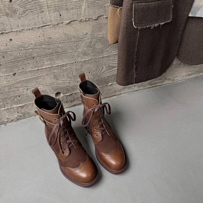 Autumn and Winter Leather Knight Boots Women's Thick-soled Non-slip Medium Heel Round Head Versatile Women's Leather Boots New Cowhide Medium Boots