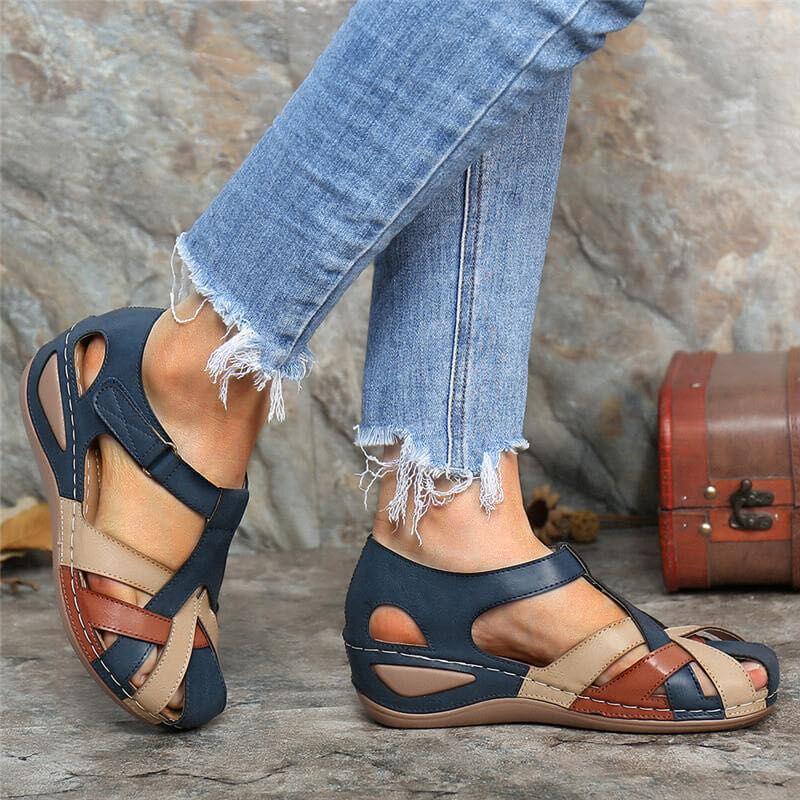 2021 Summer Women's Retro Round Toe Wedge Heel Roman Sandals with Cross Buckle