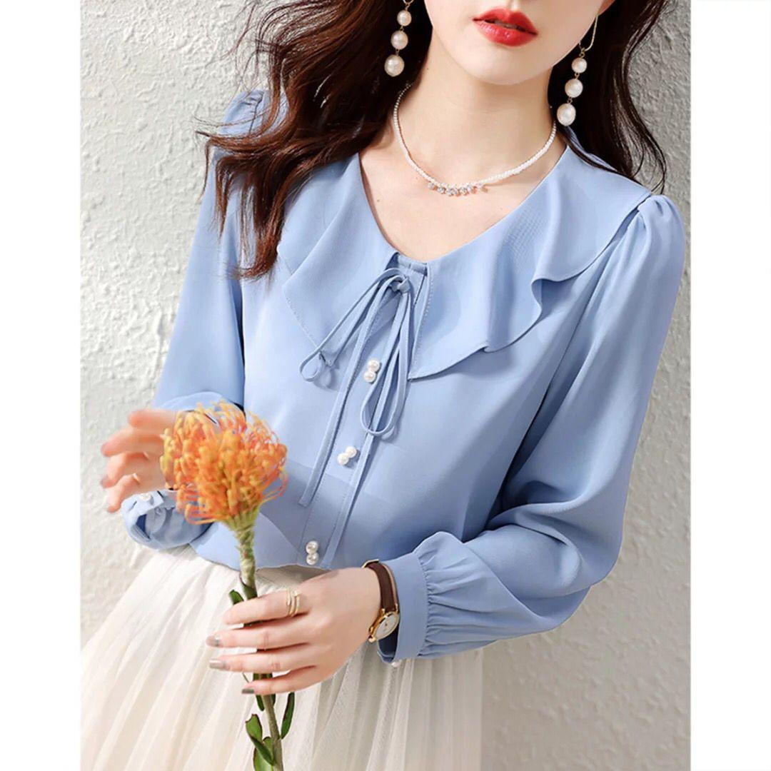 

Весенняя новая повседневная свободная рубашка в корейском стиле со шнуровкой и оборками на груди 2XL синий