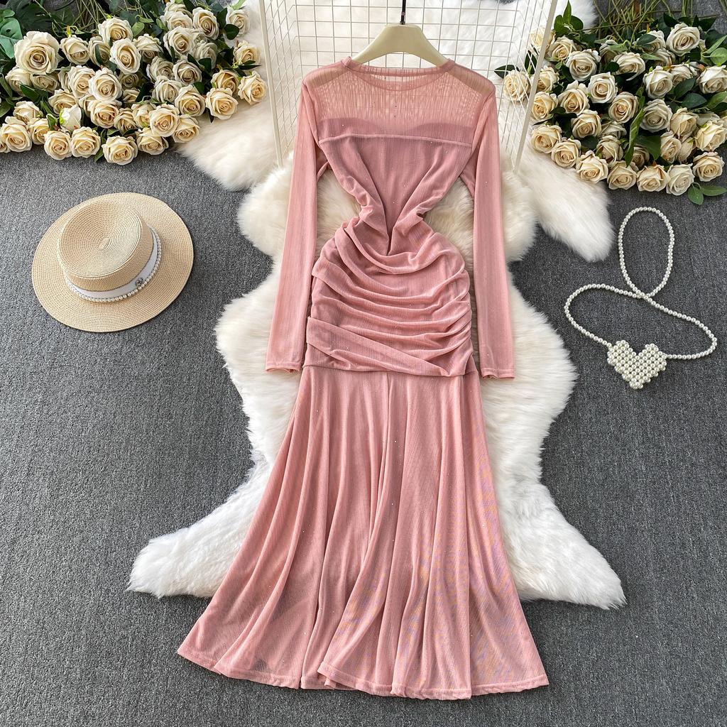 French celebrity temperament sequined mesh splicing long-sleeved dress women's autumn pleated waist elegant fishtail dress