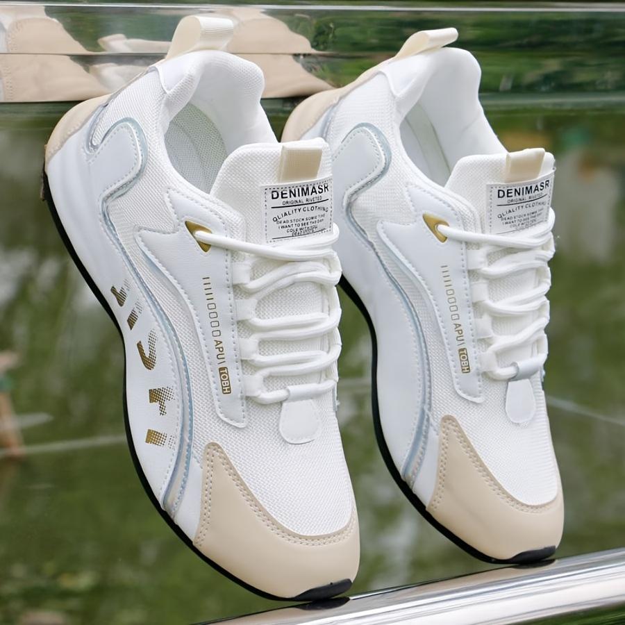 Men's Fashion Casual Sneakers - Breathable Mesh Upper, Anti-Slip Sole, Lace-Up Design In White and Black with Golden Accents, All-Season Sneakers