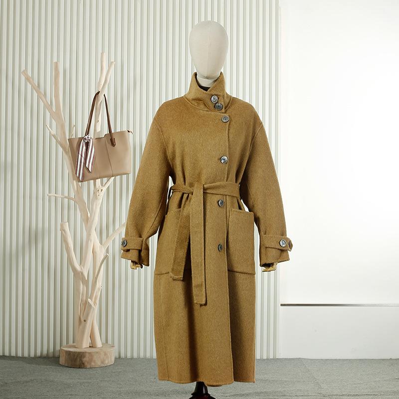 

Пальто из длинной шерсти двустороннее с воротником-стойкой и металлической пряжкой, тонкое женское шерстяное пальто, пальто для通勤, шерсть M верблюд