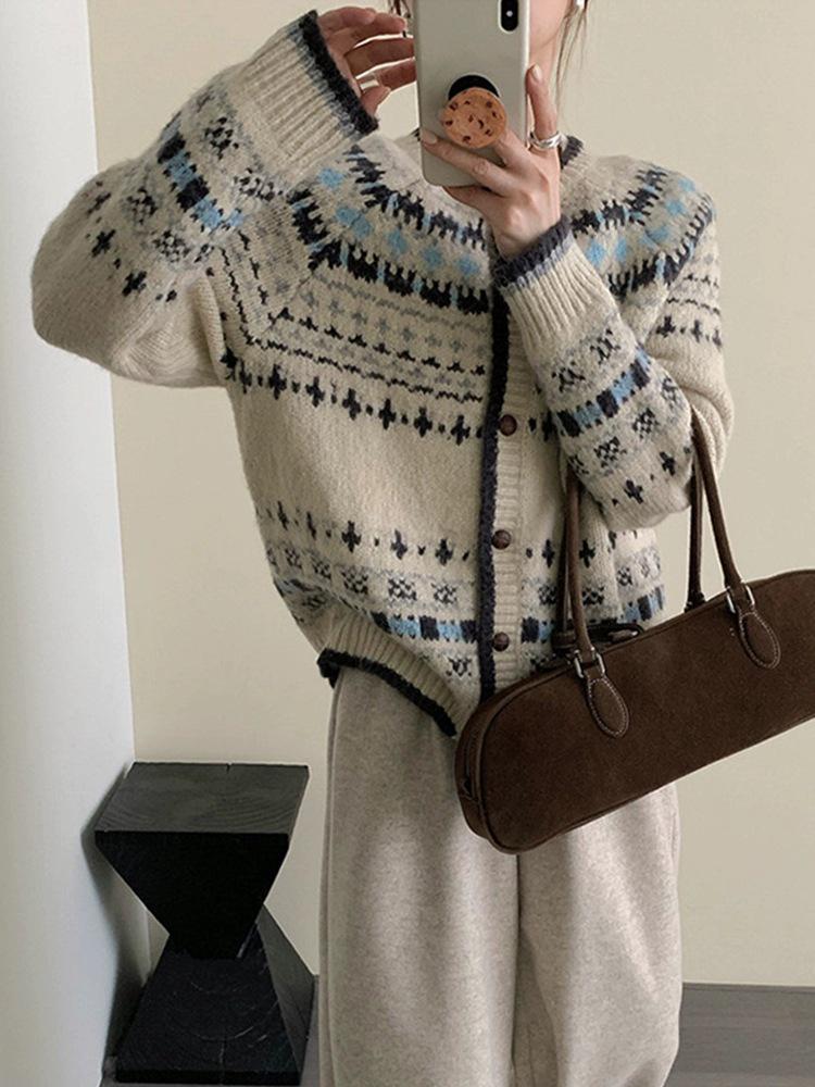 Luxury Retro Fair Isle Knit Cardigan – Women's Autumn/Winter Thickened Single-Breasted Sweater Coat
