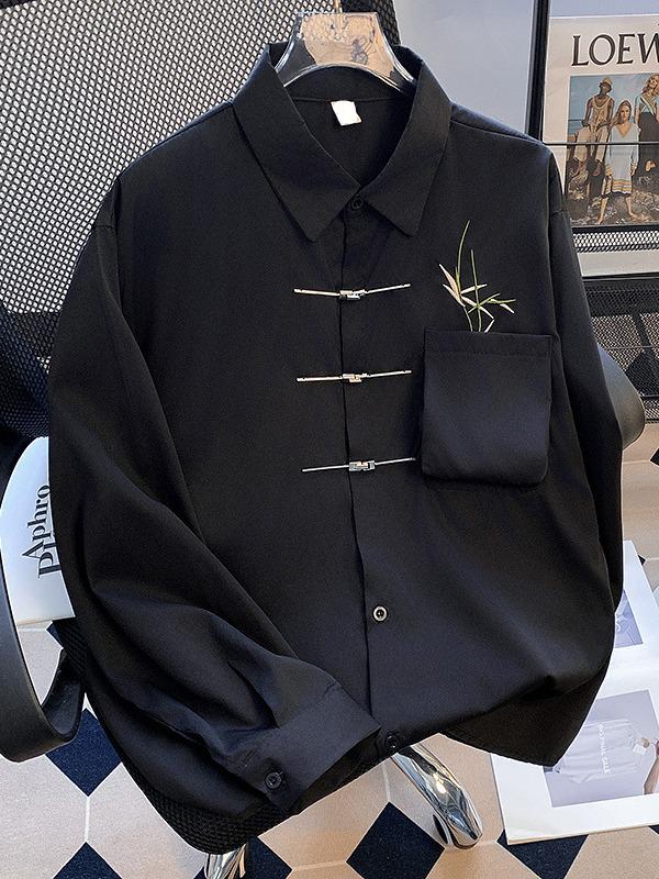 

Мужская повседневная рубашка с длинным рукавом в стиле Гочао, высококлассный китайский стиль с металлическими пуговицами, драпирующийся свободный стиль куртки M чёрный