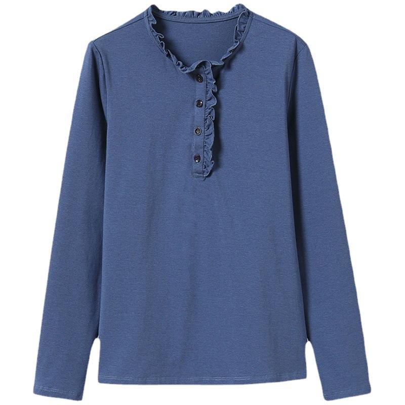 Black Cotton T-shirt Women's Autumn Trendy Loose Inner Bottoming Shirt Long-sleeved Blue T-autumn Top