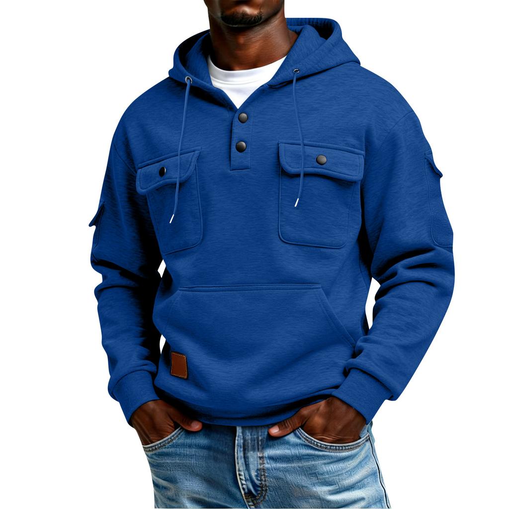 Men's Winter Solid Color Button-Down Collar Multi-Pocket Hoodie Men's Sports Plus Size Casual Sweatshirt