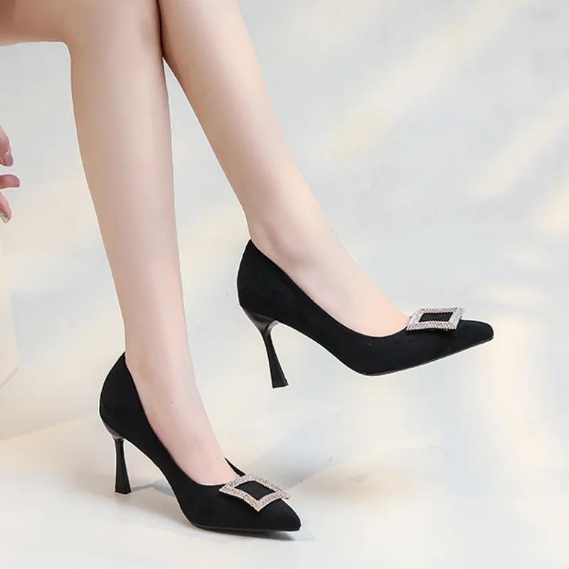 Fashion Velvet Shoes Women Work Dress Professional Black Heels 2024 Pointed Pumps Shallow Mouth Sexy Sandals Footwear Lace-Up Slip On Of