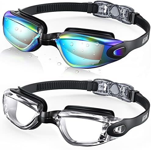 Aegend Swim Goggles 2-Pack No Leaking Anti-Fog UV Protection Mirrored Adult Men Women Wide View Outdoor