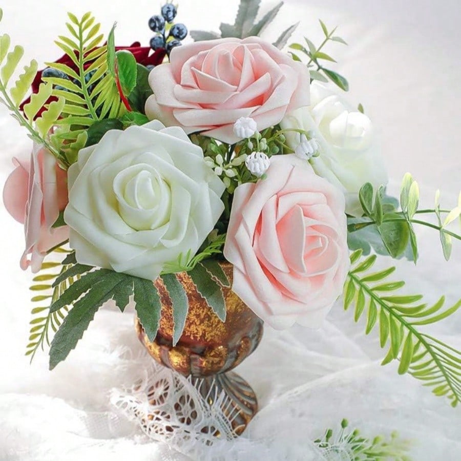 25pcs Artificial Roses With Stems, Ivory Foam Roses Lifelike Appearance, Suitable For Diy Wedding Bouquet, Bride Bouquet, Home Centerpiece