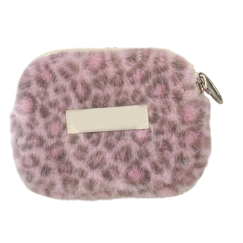 Plush Leopard Print Multifunctional Storage Pouch with Smooth Zippers for Organizing ID Cards Coin Keys and Small Items