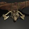 Vintage Viking Celtic Wolf Head Double Axe Pendant Necklace Jewelry