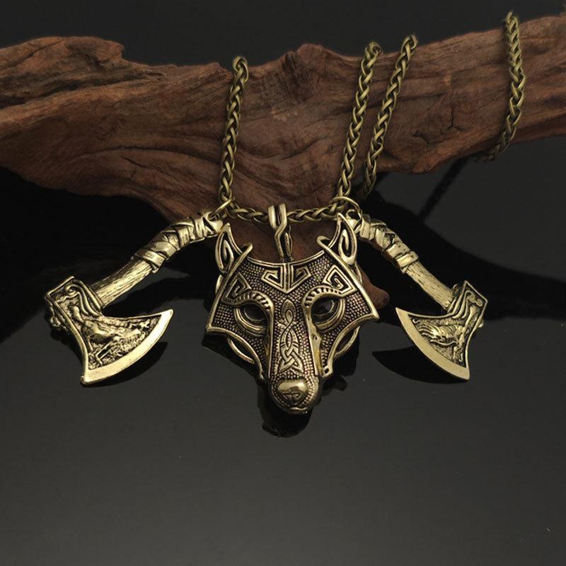 Vintage Viking Celtic Wolf Head Double Axe Pendant Necklace Jewelry