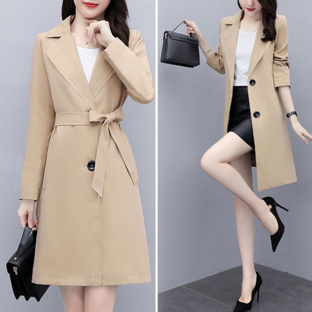 Women Fall Spring Coat Lapel Cardigan Double Buttons Trench Coat Solid Color Mid Length Pockets Business Jacket