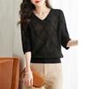 Women's Knitted T-shirt with Seven Sleeve Top Fashionable and Simple Thin Ice Silk Hollow Knitted Shirt