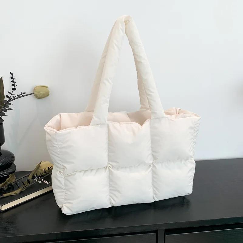 Quilted Plaid Bag Women Tote Handbags Retro Trendy Checkered Waterproof Shoulder Bag Solid Color Winter Soft Large Capacity Bags