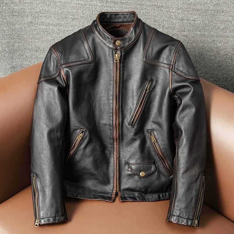 

Мужская винтажная байкерская куртка из натуральной лошадиной кожи, короткая, приталенная, Venom Tea Core, тяжеловесная 5XL