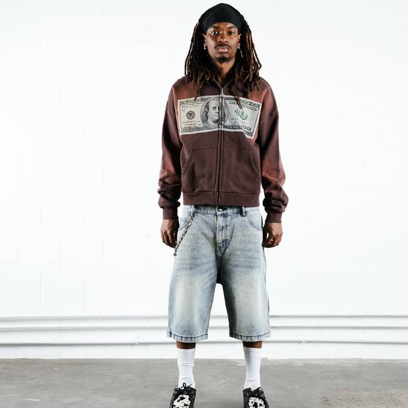 Y2K Men's Oversized Dollar Print Zip-Up Hoodie - Retro Harajuku Streetwear Style