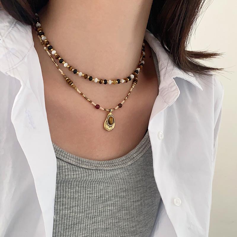 Tiger'S Eye Beaded Halskjede Maillard Oval Premium Genserkjede Titanium Stål Vintage Coffee Naturstein Clavicle Chain