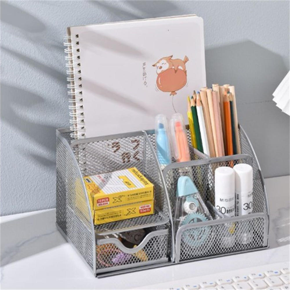 Office Desktop Storage Box Pen Holder Metal Mesh Square Divided Container Spacious Stationery Organizer School Supplies