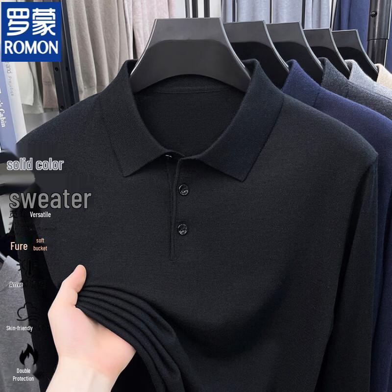 ROMON Men's Casual Long-Sleeve Knit Polo Sweater