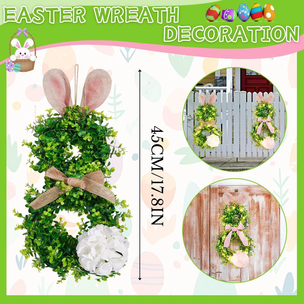 Ozdoba Wielkanocna Zajączek Świecący Wianek Wianek Wianek, Sztuczne Zielone Rośliny, Nadaje się do Dekoracji Werandy Wielkanocnej Na Zewnątrz Wewnątrz