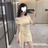 Royal Sister Feng One-word Shoulder Pleated Dress Women's Summer Spice Girl Waist Slim Streamer Skirt Temperament Hip-wrapped Skirt