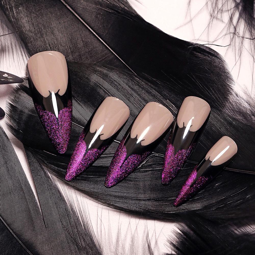 24 PCs Halloween Long Sharp Shape False Nail French Purple Wearable Nail Plate with 1 File and 1 Jelly Glue