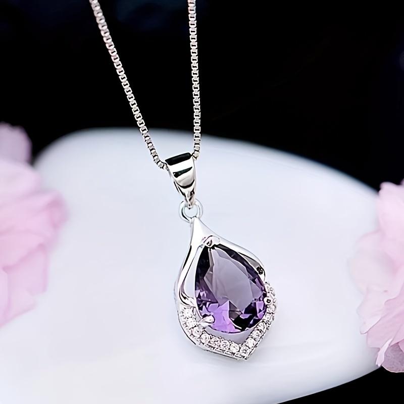 1Pc Water Drop Shape Pendant Necklace Purple Artificial Diamond Pendant Men's and Women's Necklace Anniversary Gift