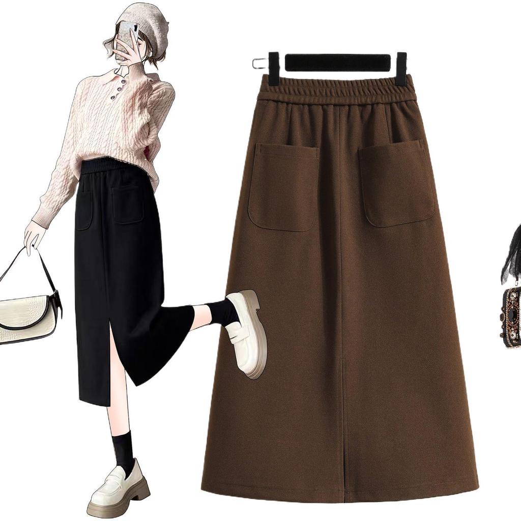 Women's Solid Color Half-Skirt with Pockets and Back Slit - Spring/Autumn Stylish, Elastic Waist, Mid-Length, Mature Style