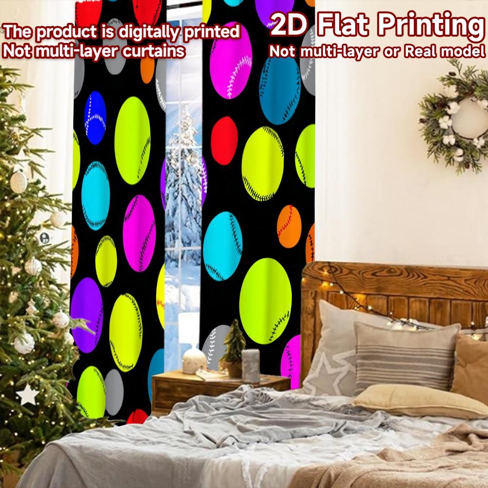 2pcs, 2D FLAT PRINTING Curtains (Without Rod) Colorful Baseballs Christmas Festival Fashion Curtains Versatile Polyester
