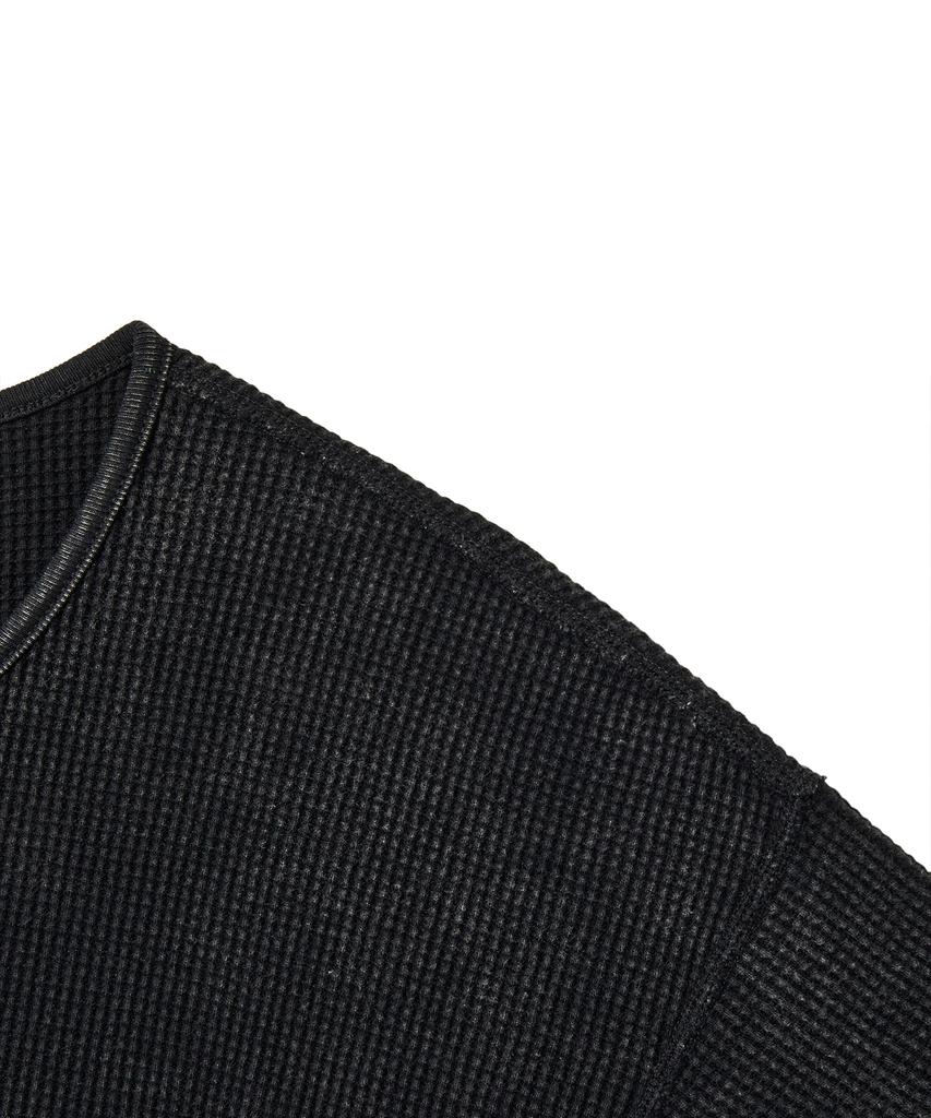 Mihag [Plain Ver.] Washed Waffle Henley Neck T-Shirt (Black)