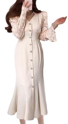 YUANYUAN Mermaid Tight Dress with Lace and Ruffle High Long Puff Single Pleated Long Perfect for Formal and Beautiful and Cute for and Fall Size