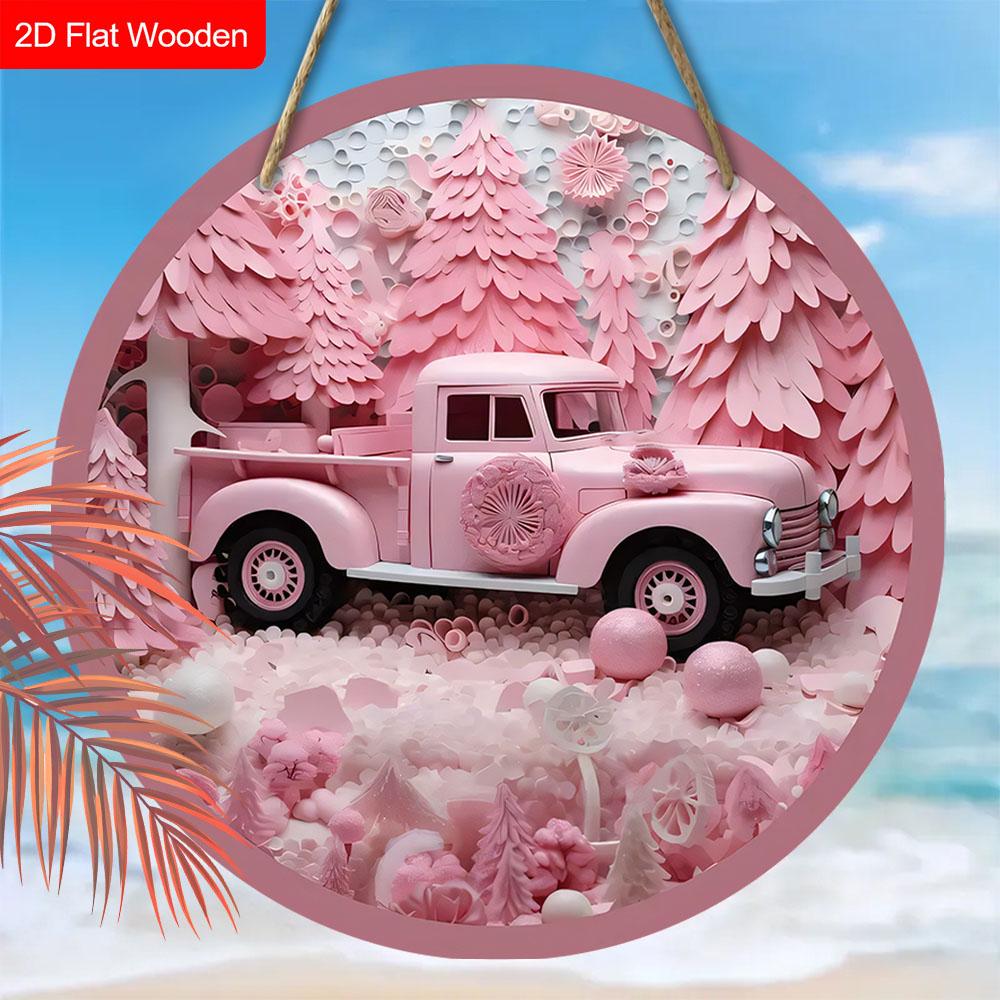 Pink Christmas Wooden Sign with Pickup Truck Pattern - Navidad Round Sign for Front Door, Yard, Wall Hanging Decor - Ideal Christmas Gift