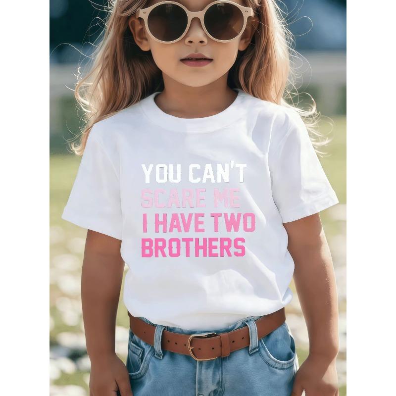 

European Size Childrens Crew Neck Short Sleeved T Shirt with Creative English Patterns YOU CAN T SCARE ME I HAVE TWO BROTHERS 164cm білий