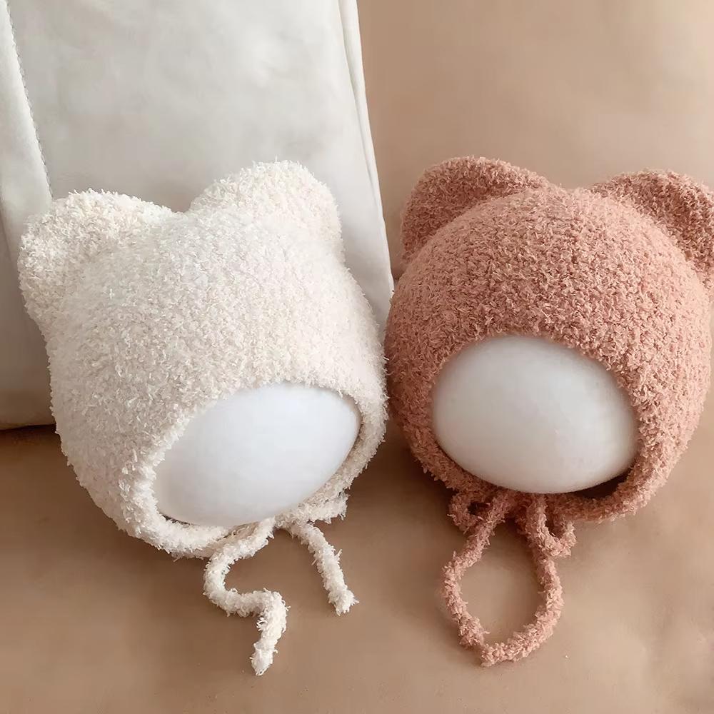 Cute Bear Baby Plush Hat Winter Warm Ear Protection Beanie Cap for Infant Boy Girl Solid Color Cartoon Kids Earmuff Caps Bonnet