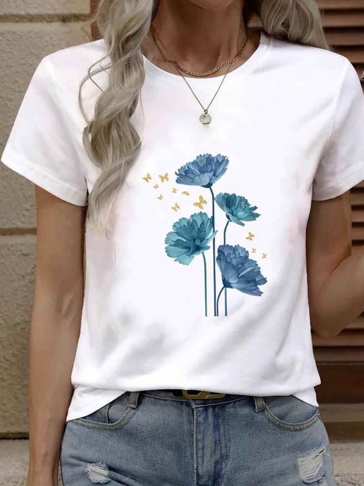 (Asian Size) Tee Top Women Fashion Female Clothing T Shirt Woman Print  butterfly floral trend 90s Short Sleeve Graphic T-shirts