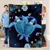 Blue Turtle Heart Fleece Blanket Ocean Animal Art Design Floral Pattern Soft Cozy Throw Marine Life Decor Gift for Nature Lovers
