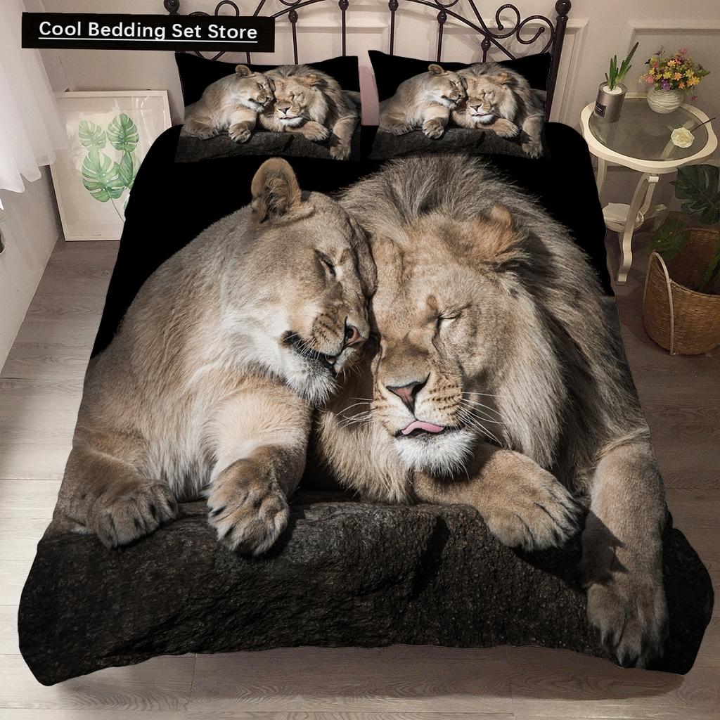 Comforter Lion Tiger King Queen Lovely Wild Animals Bedding Set For Kids Teens Adults Wildlife Grey Black 2/3Pcs