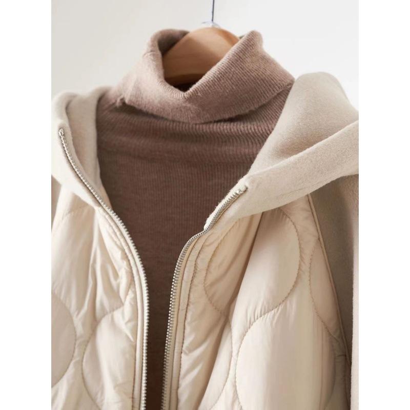 Knitted Stitching Cotton-padded Jacket Women's Fashion Loose Casual Mid-length Hooded Coat