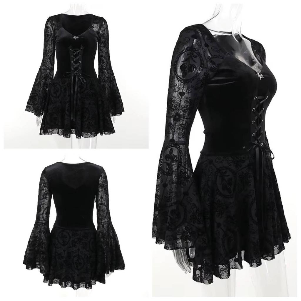 Gothic Goth Dark Elegant Vintage Velvet Dress Grunge Punk Bandage Women Flare Sleeve Party Outfit