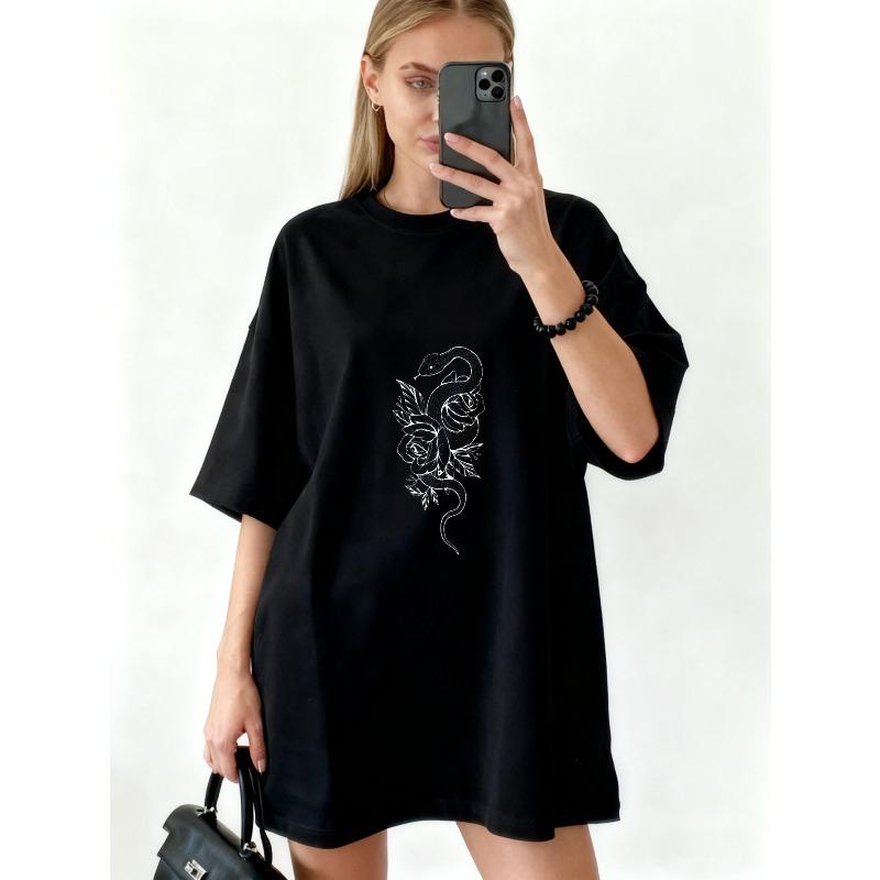 Oversized T Shirt Dress Black Snake And Rose Print Casual Streetwear For Women