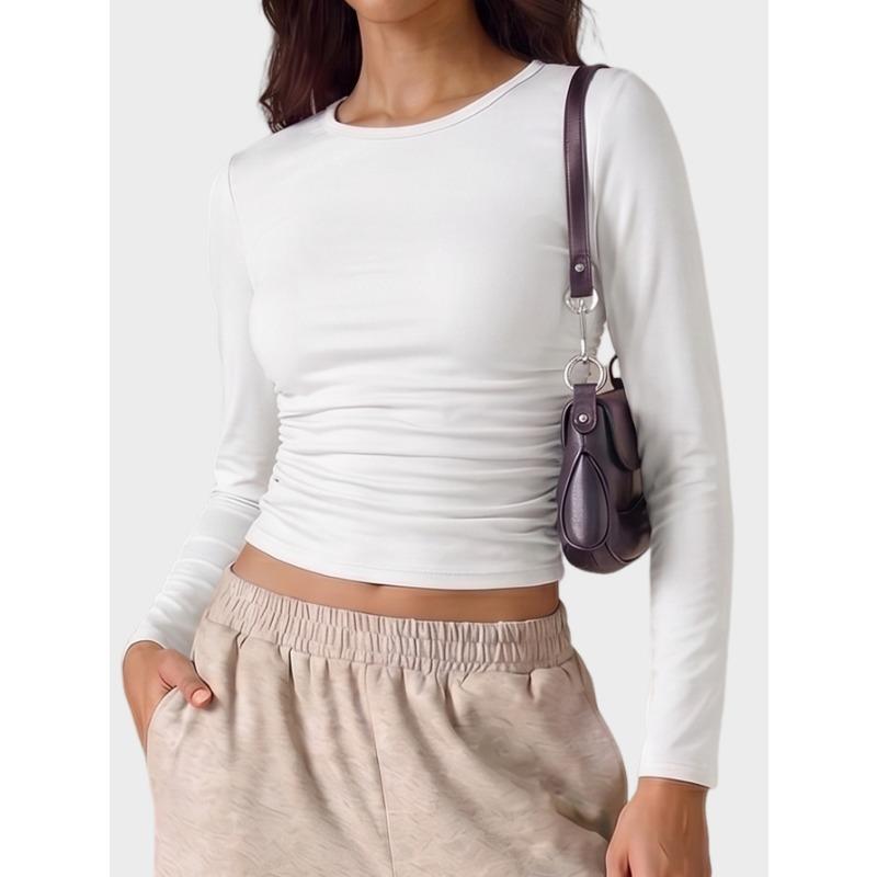 Women Side Ruched Long Sleeve Slim Fit Thin Sunscreen Casual Base T Shirt