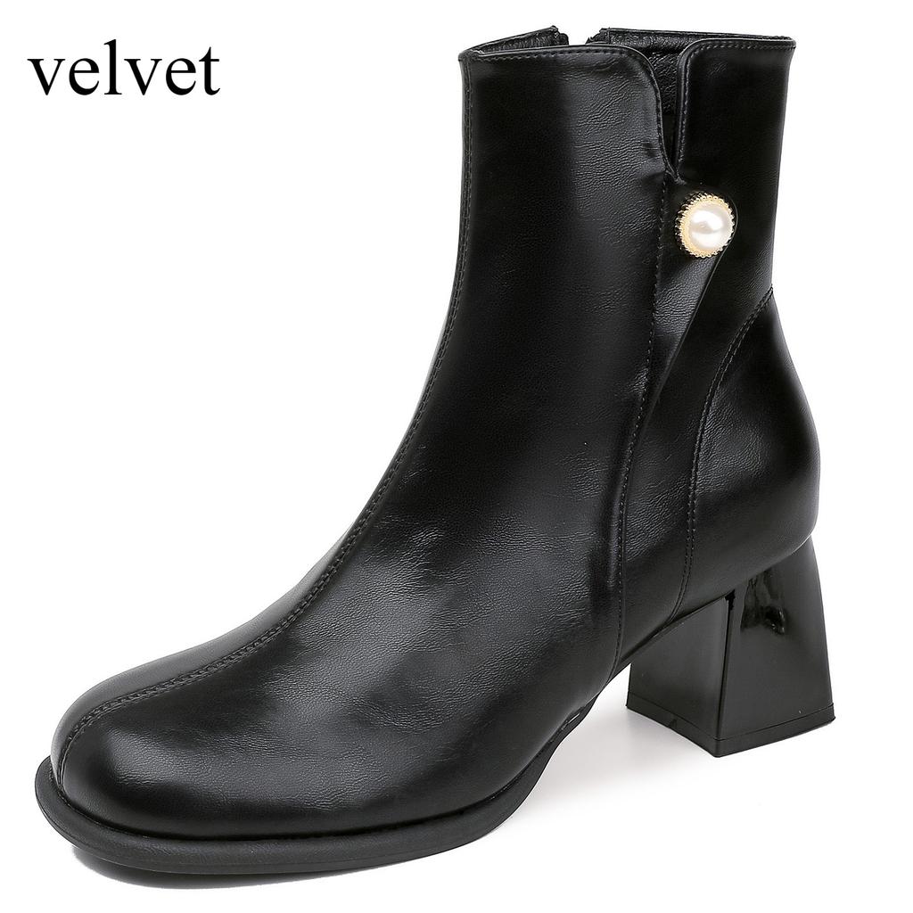 Leather Boots Women's Winter New French Bootie Women's Versatile Rough Heel High Heel Mary Jane Boots Women Ankle Bootie
