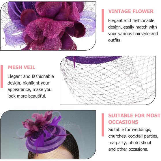 Yardwe Vintage Fascinator Headband Purple Mesh Flower Pillbox Hat Wedding Bride Headdress Banquet Hair Accessory for Women Special Occasion