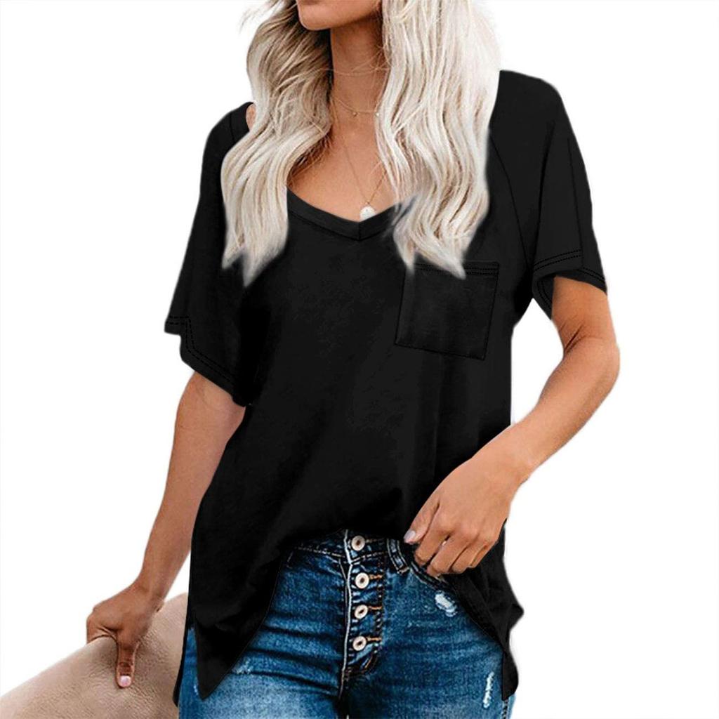 Women's Fashion Casual V-Neck Solid Color Flowy Loose Short-Sleeved T Shirt Top