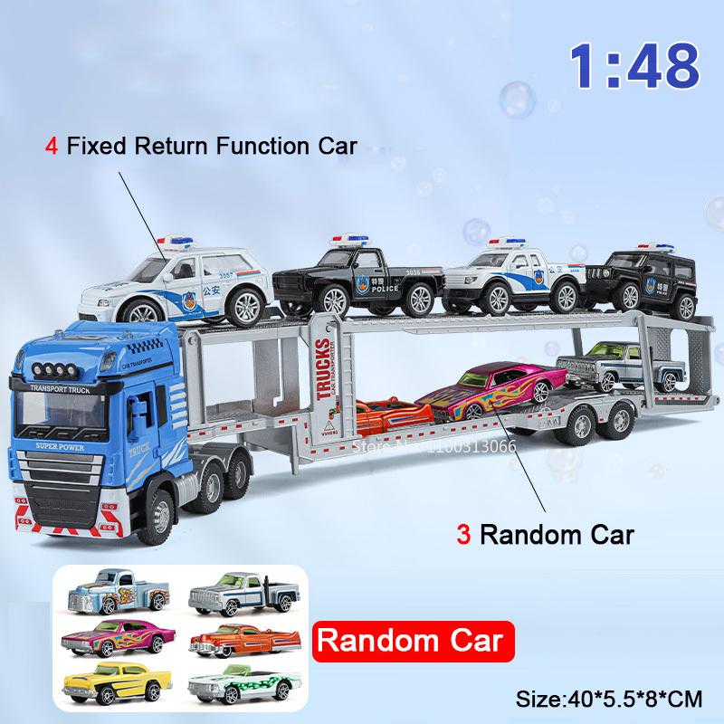 1:48 Alloy Diecast Car Carrier Model Toys Miniature Cars Double Decker Light Sound Trailer Transport Vehicle Boys Birthday Gifts