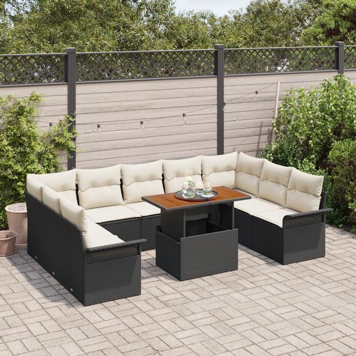 VidaXL Set de salle à manger jardin 10 pièces avec coussins noir poly rotin acacia 3349375