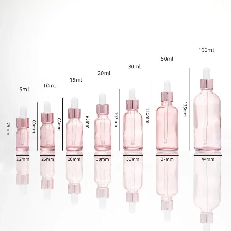 Flacons compte-gouttes rechargeables 5-100 ml avec couvercle rose, récipient cosmétique en verre rose, liquide d'aromathérapie pour pipette d'huile essentielle de massage