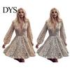 Evening Wear Short Dress Deep V Neck Sequin See-through Mesh A-line Mini Women Long Lantern Sleeves Prom Cocktail Party Sparkling Bead Embellished